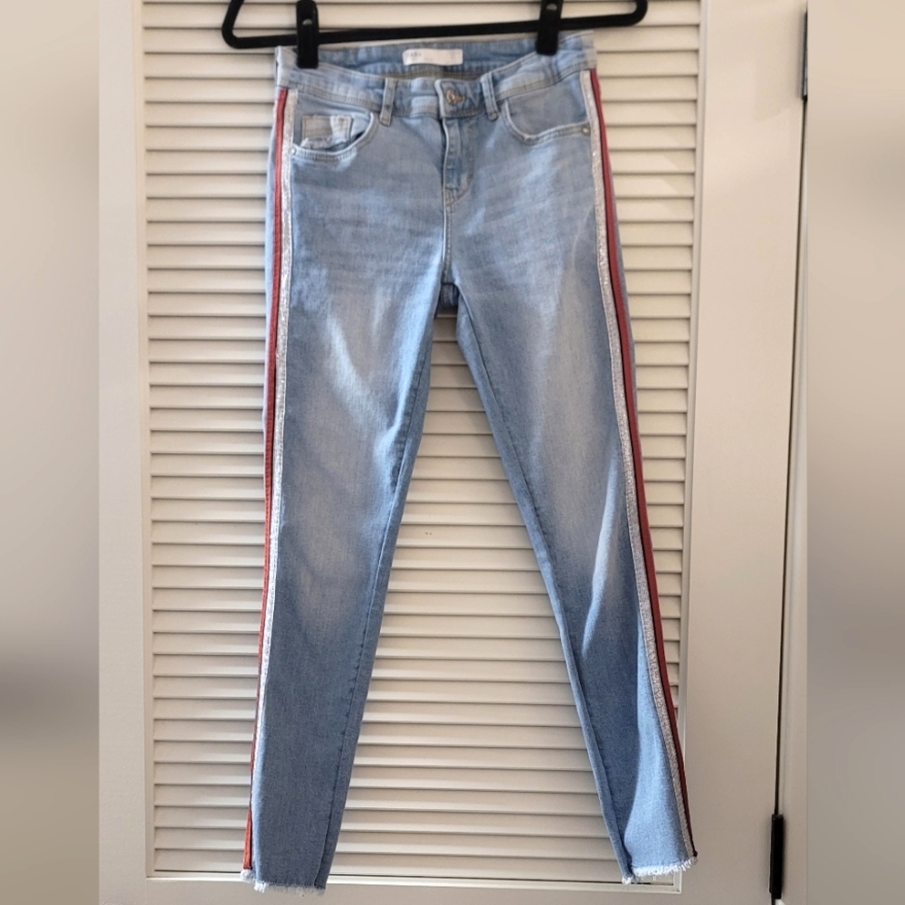 Zara - Striped Blue/Red/Silver Skinny Distressed Jeans With Pockets